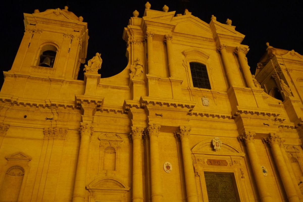 One of the great Baroque churches in Noto, at night. Sicily.